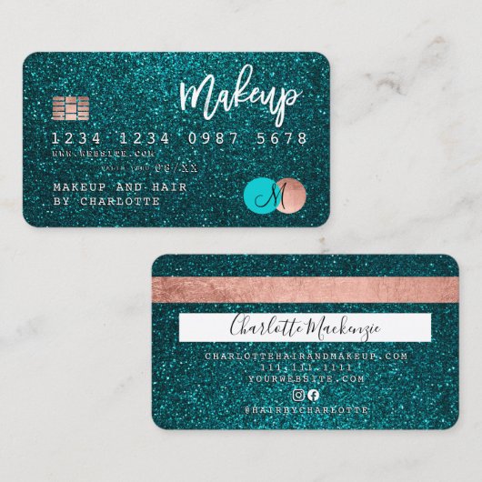 Creditcard turkooise glitter make keup hair monogr visitekaartje (Voorkant / Achterkant)