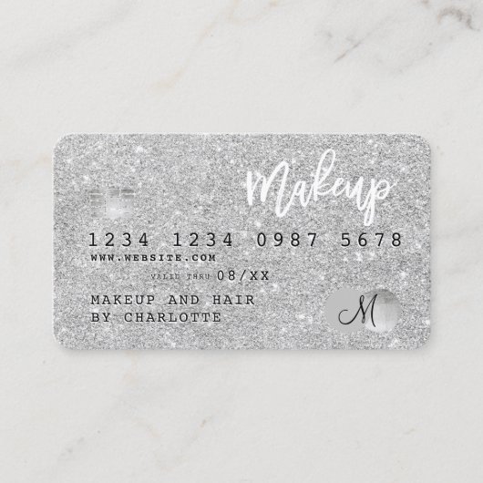 Creditcard zilveren glitter make-up haar monogram visitekaartje (Voorkant)