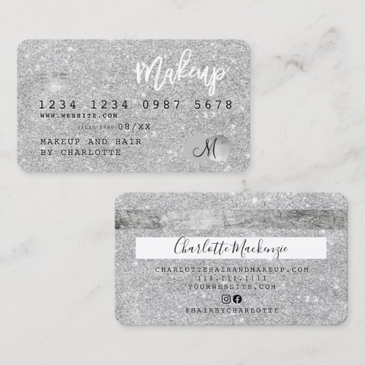 Creditcard zilveren glitter make-up haar monogram visitekaartje (Voorkant / Achterkant)