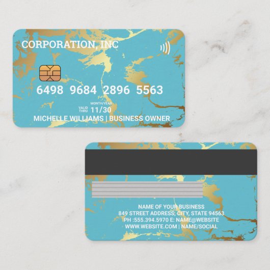 crediteren | Kaart debiteren | Blauw Goud Marmer Visitekaartje (Voorkant / Achterkant)