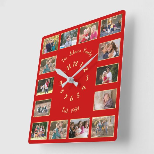 Creëer Aangepast 14-serie Foto Collage Red Gold Sq Vierkante Klok (Hoek)