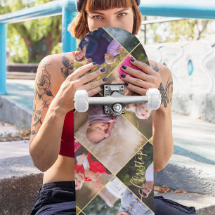 Creëer Aangepast 5 Foto Collage Gold Monogram Persoonlijk Skateboard