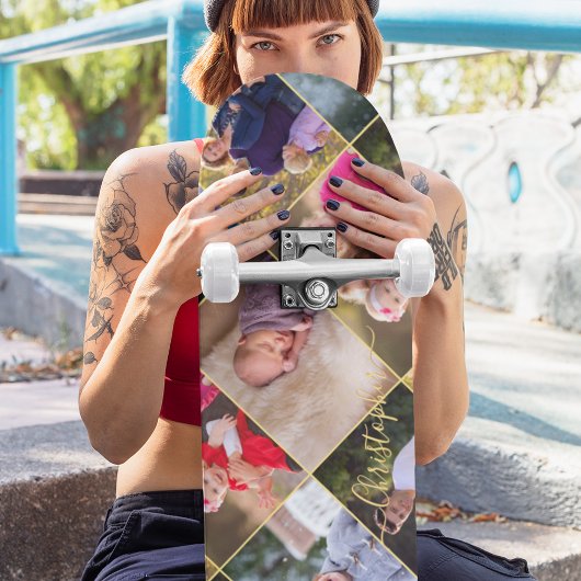 Creëer Aangepast 5 Foto Collage Gold Monogram Persoonlijk Skateboard