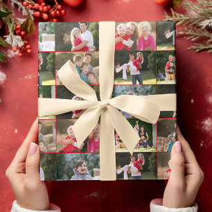 Creëer Aangepast 6 Foto Collage Red Gold Kerstmis Cadeaupapier