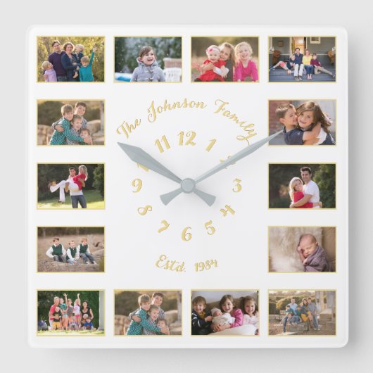 Creëer Aangepaste witte Faux Gold-serie Foto Colla Vierkante Klok (Voorkant)