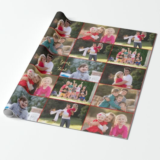 Creëer Custom 6 Fotocollage Rood Goud Kerst Cadeaupapier (Uitgerold)
