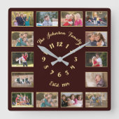 Creëer Custom Brown Faux Gold Family Foto Collage Vierkante Klok (Voorkant)