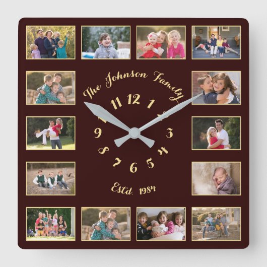 Creëer Custom Brown Faux Gold Family Foto Collage Vierkante Klok (Voorkant)