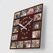 Creëer Custom Brown Faux Gold Family Foto Collage Vierkante Klok (Hoek)