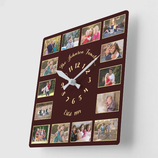 Creëer Custom Brown Faux Gold Family Foto Collage Vierkante Klok (Hoek)