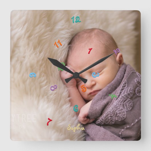 Creëer Custom Kinder Name Photo Fun Jumked Nursery Vierkante Klok (Voorkant)