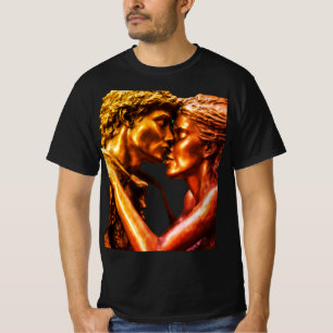 Creëer een bronzen beeld van een prehistorisch kop t-shirt
