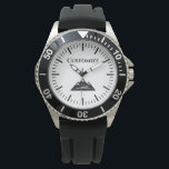 Creëer een douanekiesthorloge met bergpiek logo horloge<br><div class="desc">Creëer een douanekieuwhorloge met bergpiek logo. Elegant typografie met eenvoudige strepenwijzerplaat en pictogram. Een cadeauidee voor mannen op de verjaardag,  Vaderdag,  Kerstmis,  enzovoort. Zwart-wit ontwerp met aangepaste achtergrondkleur. Geweldig voor vader,  vader,  zoon,  man,  vriend,  wandelaar,  kamper,  zwemmer,  vriend enz.</div>