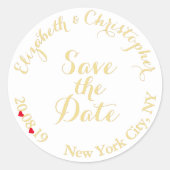 Creëer Elegant Wit Goud Bruiloft Save the Date Ronde Sticker (Voorkant)