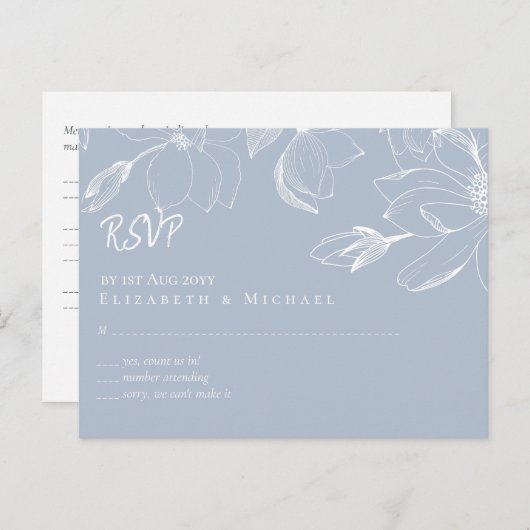 Creëer Ewn Dusty Blue White Magnolias RSVP Briefkaart (Voorkant / Achterkant)
