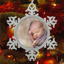 Creëer gepersonaliseerde foto gouden tekst baby's tin sneeuwvlok ornament