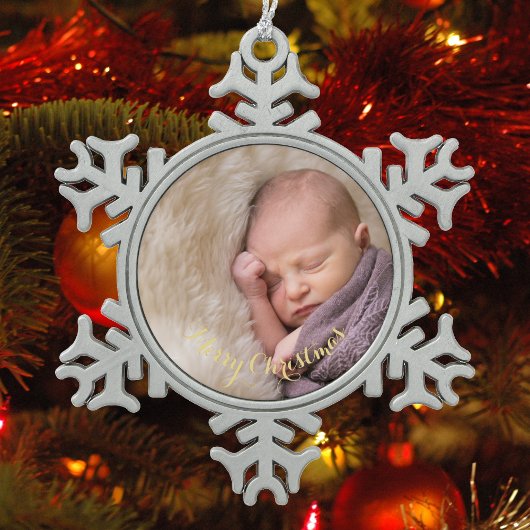 Creëer gepersonaliseerde foto gouden tekst baby's  tin sneeuwvlok ornament