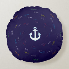 Creëer gepersonaliseerde naam anchor blauw rond kussen