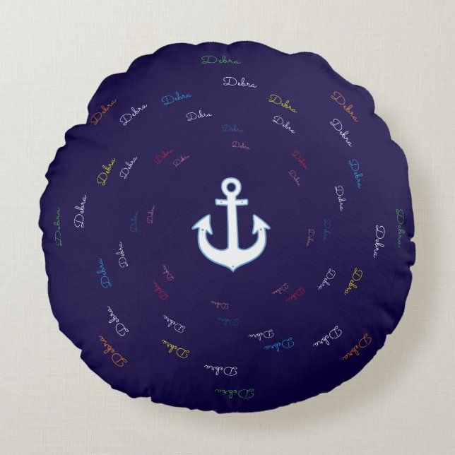 Creëer gepersonaliseerde naam anchor blauw rond kussen (Voorkant)