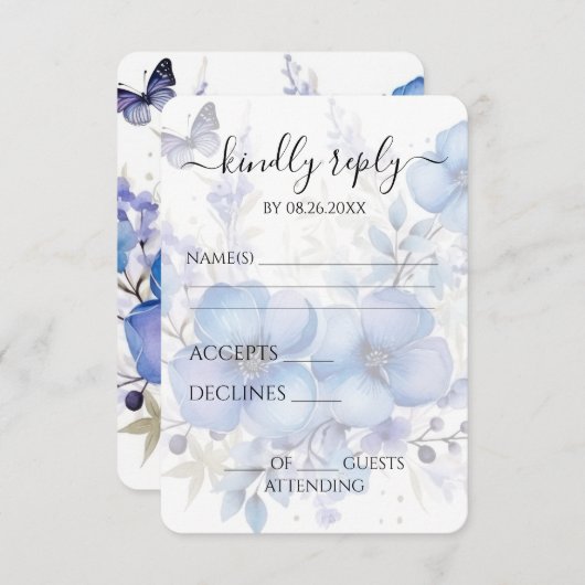 Creëer je eigen blauwe Waterverf vlinderbloemen RSVP Kaartje (Voorkant / Achterkant)