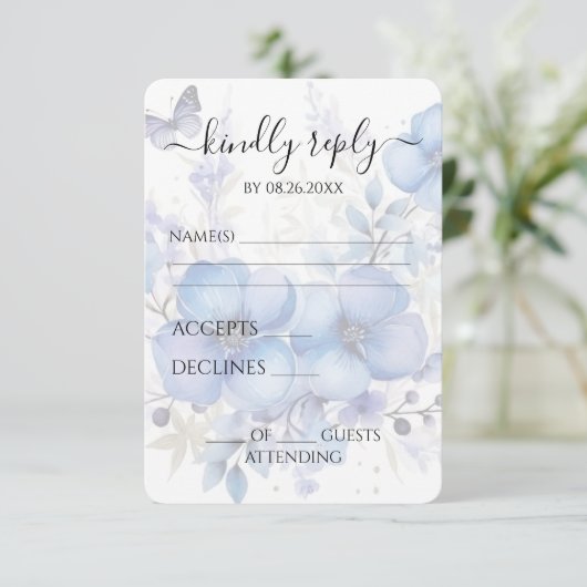 Creëer je eigen blauwe Waterverf vlinderbloemen RSVP Kaartje (Staand voorkant)