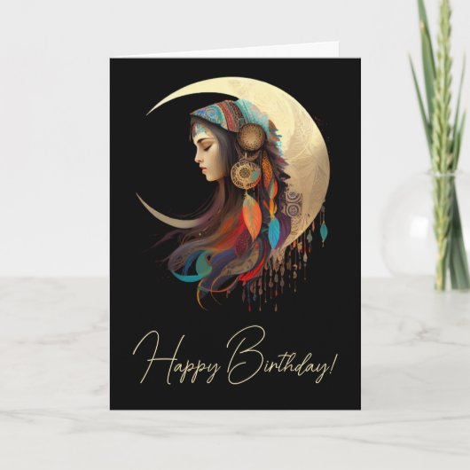 Creëer Je eigen Boho Crescent Moon & Feathers Feestdagen Kaart (Voorkant)