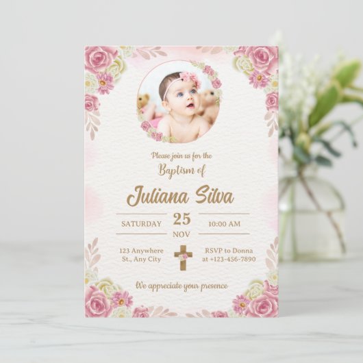 Creëer je eigen Custom Photo Girls Pink Baptism Kaart (Staand voorkant)