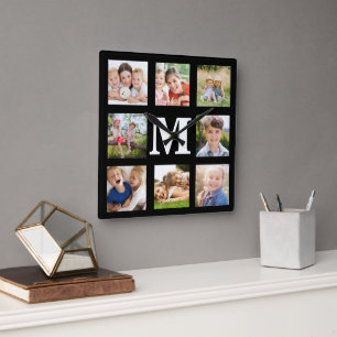 Creëer je eigen familie 8 Foto Collage Black Squar Vierkante Klok
