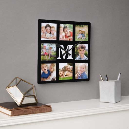 Creëer je eigen familie 8 Foto Collage Black Squar Vierkante Klok (Kantoor)