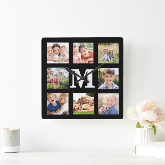 Creëer je eigen familie 8 Foto Collage Black Squar Vierkante Klok (Huis)