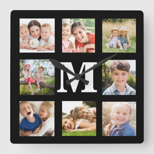 Creëer je eigen familie 8 Foto Collage Black Squar Vierkante Klok (Voorkant)