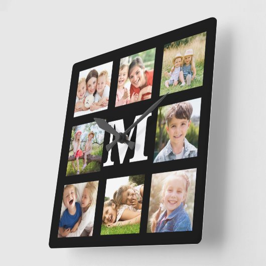 Creëer je eigen familie 8 Foto Collage Black Squar Vierkante Klok (Hoek)