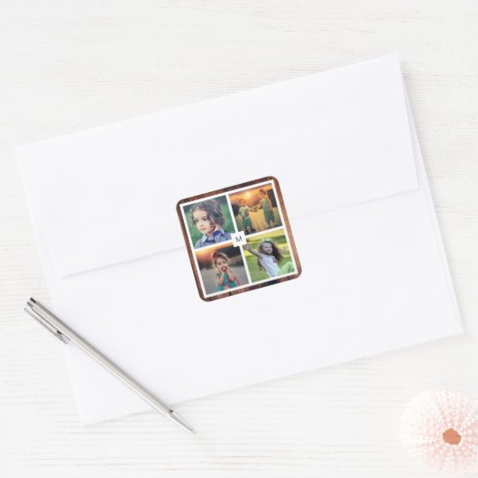 Creëer je eigen familiefoto collage monogramma vierkante sticker (Envelop)