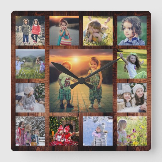 Creëer je eigen familiefoto collage rustiek wood vierkante klok (Voorkant)