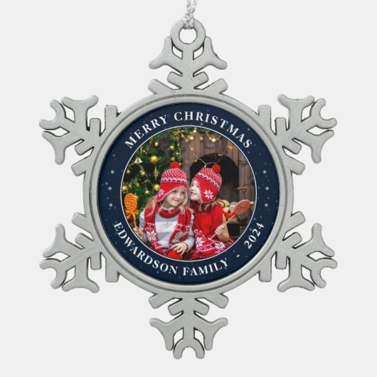 Creëer je eigen familiefoto persoonlijke kerst tin sneeuwvlok ornament (Voorkant)