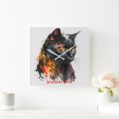 Creëer Je eigen Fiery Black Cat Bust Vierkante Klok (Huis)