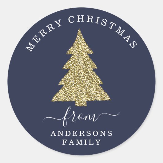 Creëer je eigen gouden glitter kerst blauw ronde sticker (Voorkant)