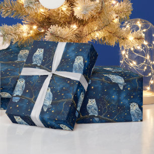 Creëer Je Eigen Magische Blauwe Gouden Sneeuwuilen Cadeaupapier