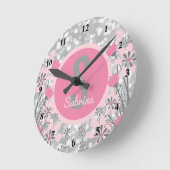Creëer Je eigen meisjesnaam | Floral Pink Silver Ronde Klok (Hoek)