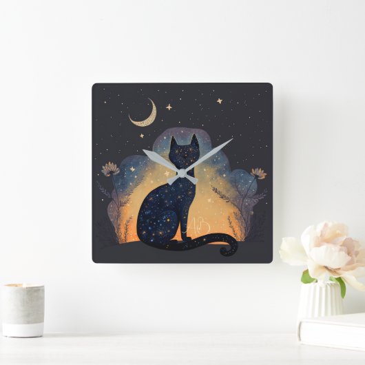 Creëer Je eigen mystieke zwarte kat silhouet Vierkante Klok (Huis)