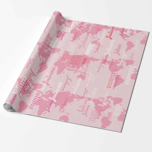 creëer je eigen naampatroon. roze wereldkaarten cadeaupapier (Uitgerold)