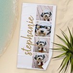 Creëer Jouw eigen 4 Fotoverzamelingsnaam goud Strandlaken<br><div class="desc">Fotocollage in een filmstrip lay-out met een enorm modern script voor de naam. Gebruik tot vier vierkante of selfie-telefoonfoto's om een uniek en persoonlijk cadeau te creëer. Of je kunt de hipster puppy houden en een trendy aandenken. Gebruik voor het beste resultaat foto's die vóór het uploaden in vierkanten zijn...</div>