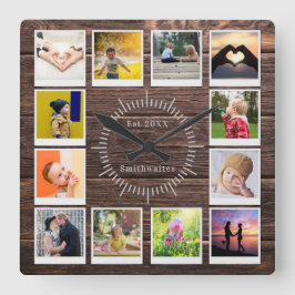 Creëer U bezit Foto Collage Rustic Wood Farmhouse Vierkante Klok