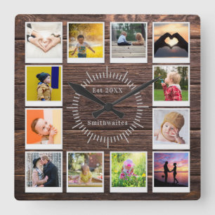 Creëer U bezit Foto Collage Rustic Wood Farmhouse Vierkante Klok