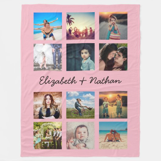 Creëer Uw Aangepast 12 Foto Collage Familie Roze Fleece Deken (Voorkant)