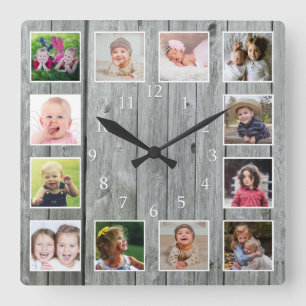 Creëer Uw eigen 12 Foto Collage Rustic Gray Wood Vierkante Klok