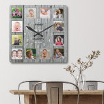 Creëer Uw eigen 12 Foto Collage Rustic Gray Wood Vierkante Klok<br><div class="desc">Creëer je eigen foto-collage muurklok met 12 van je favoriete afbeeldingen. De foto-lijst klok helpt je je speciale momenten te koesteren en maakt ook een doordacht geschenk voor ouders, grootouders en vrienden. De gepersonaliseerde familieklok maakt het een perfect geschenk voor alle gelegenheden. Personaliseer met familienaam en vastgestelde datum. Het citaat...</div>