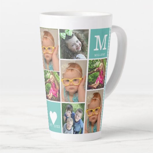 Creëer Uw eigen 12 foto-inkuilmonogram Blauwgroen Latte Mok (Rechterhoek)