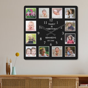 Creëer uw eigen 12 Lijst voor fotocollage zwart Vierkante Klok