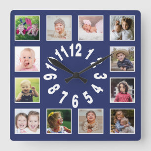 Creëer Uw eigen 12-serie Foto Collage Blue Vierkante Klok